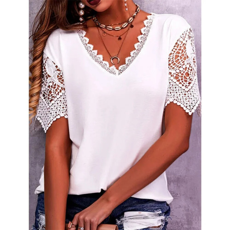 Vintage mode dentelle à la mode femmes t-shirts décontracté élégant Chic surdimensionné Blouses t-shirts couleur unie haut femmes vêtements