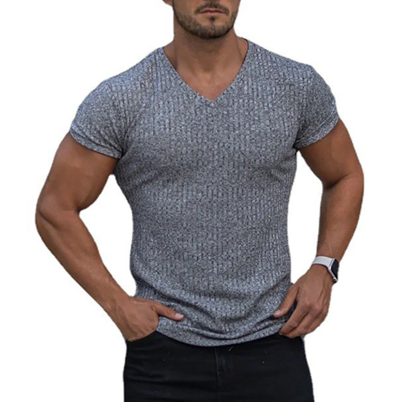Hommes col en V à manches courtes T-shirt Fitness coupe ajustée sport T-shirt solide mode bandes t-shirts hauts été tricoté vêtements de sport