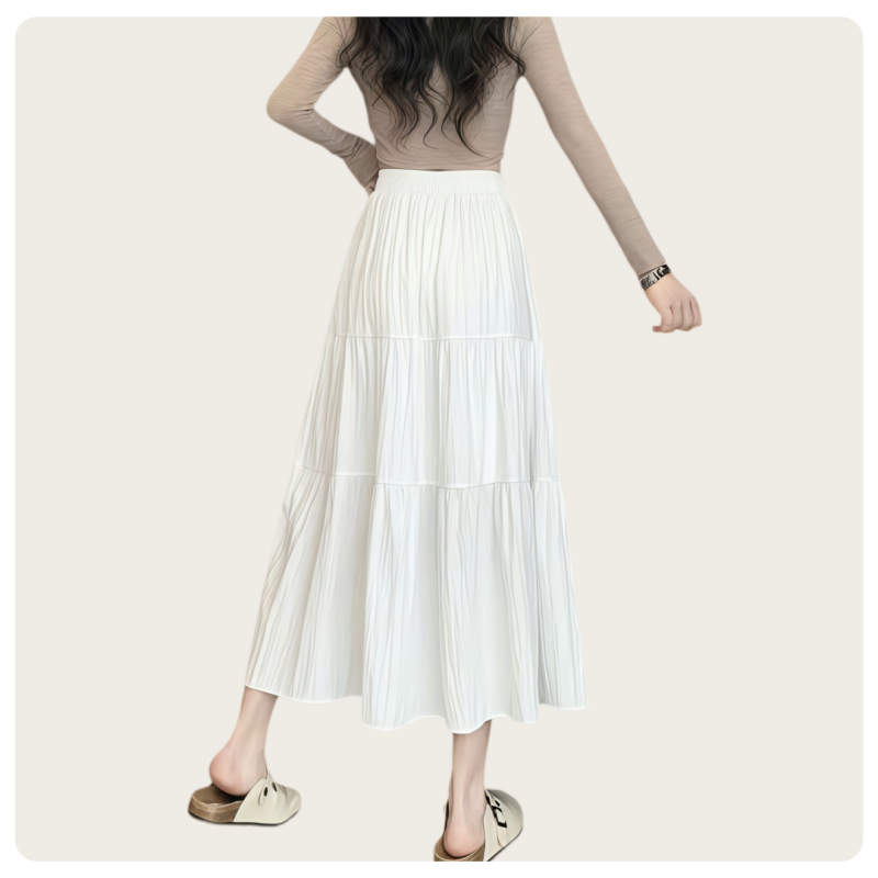Jupe mi-longue blanche à volants, taille haute et ceinture élastique, style décontracté coréen pour femmes, printemps-été