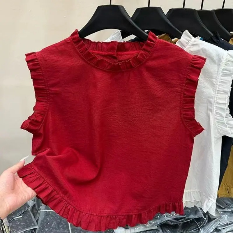 Chemise sans manches en dentelle épissée pour femmes, nouveau Style coréen, mode polyvalente, col rond, haut ample de couleur unie, 2025