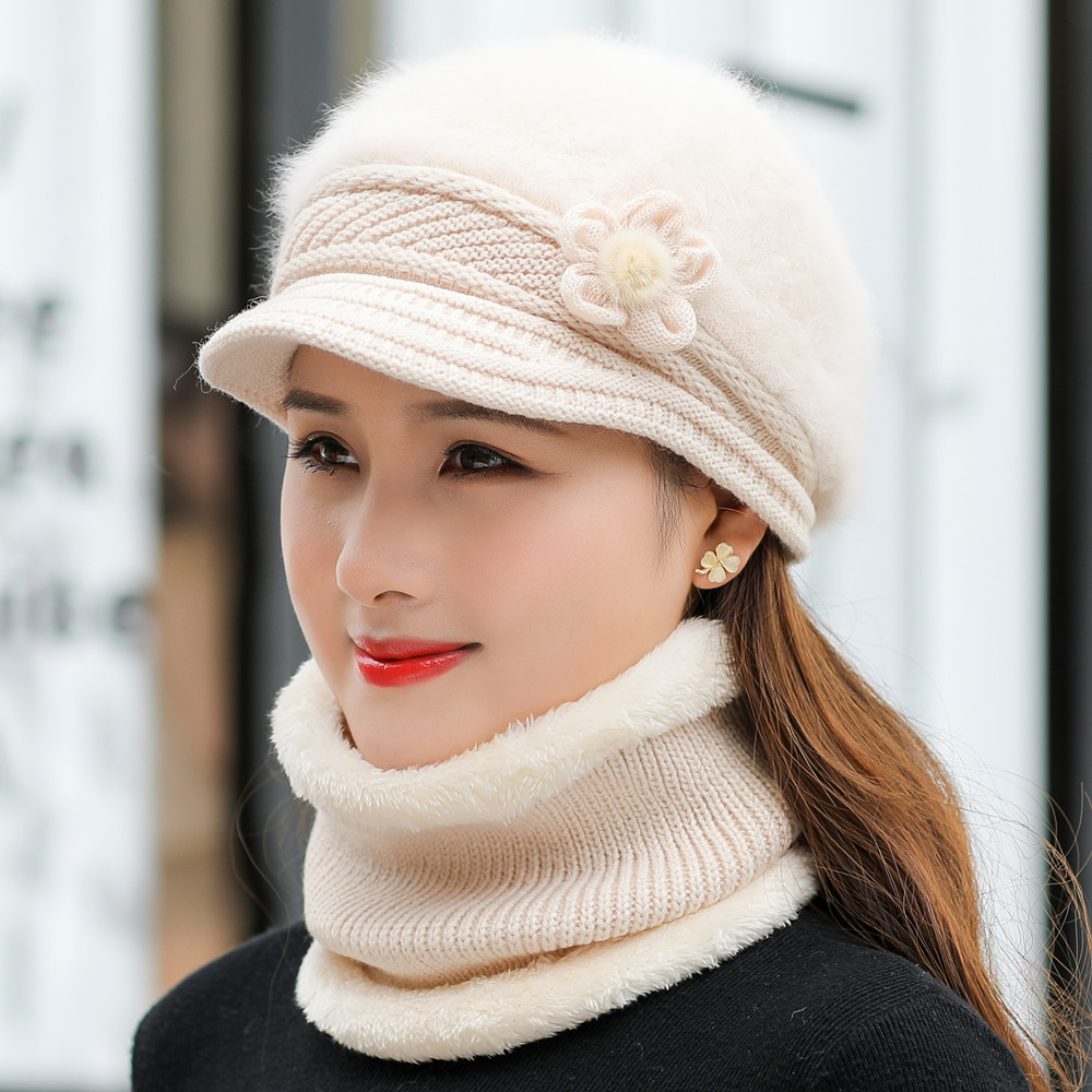 Nouvelles femmes chapeau d'hiver garder au chaud casquette ajouter du chapeau doublé de fourrure et écharpe ensemble chaud chapeau de mode pour les femmes décontracté fausse fourrure fleur tricoté chapeau