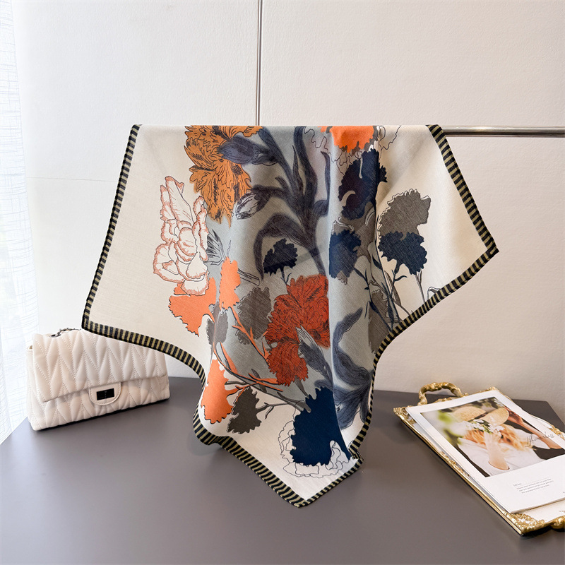 Foulard de tête à imprimé floral de luxe pour femmes, enveloppe en coton, hijab, chaud, printemps, automne, doux, carré, bandana, foulard