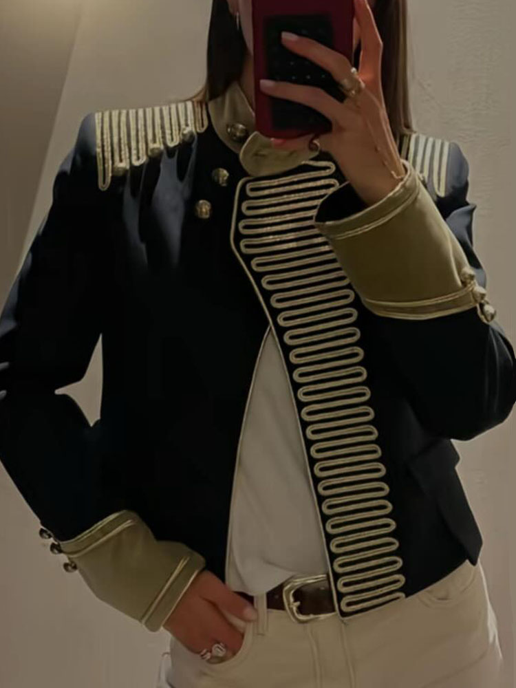 HH Veste Courte Élégante Femme à Manches Longues, Simple Boutonnage, Col Montant Décoré, Coupe Slim, Style Décontracté, Tendance Urbaine