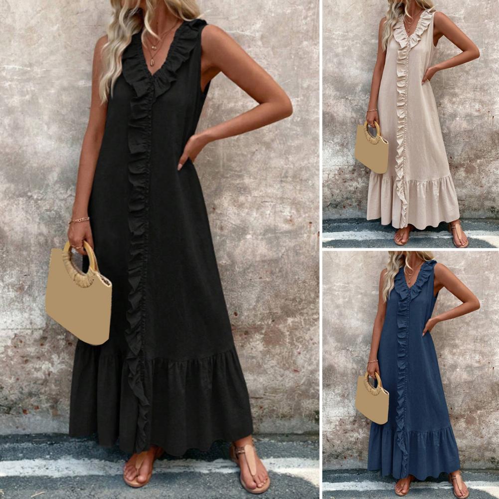 Robe longue en coton et lin pour femmes, à volants, décontractée, sans manches, col en v, tunique, débardeur, plage, balançoire, été