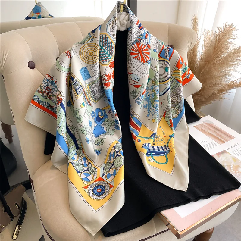 Foulard carré en sergé imprimé pour femme, grand châle, hijab, bandeau de sauna, enveloppes de la présidence, 90cm
