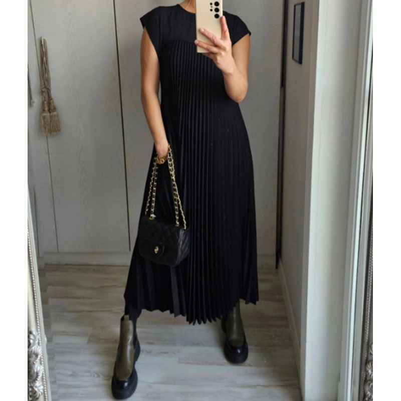 Robe longue plissée sans manches, col rond, élégante et à la mode, nouvelle collection automne 2025