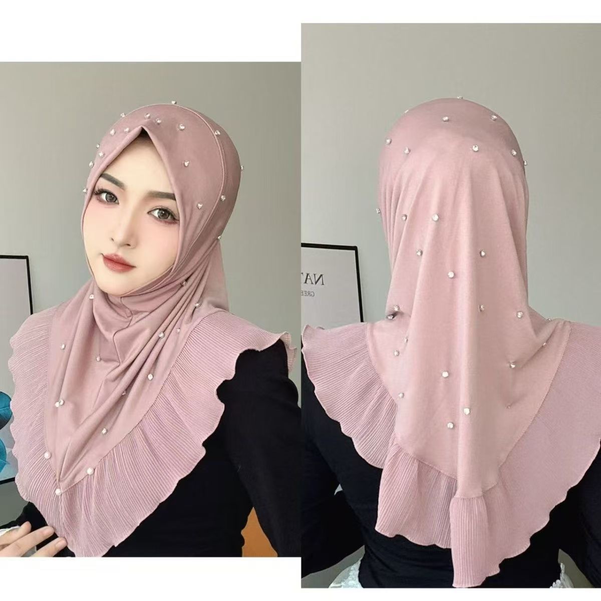 Hijabs pour femmes musulmanes café rose avec perles foulard de prière Eid soirée luxe malaisie Islam fille écharpe d'extérieur