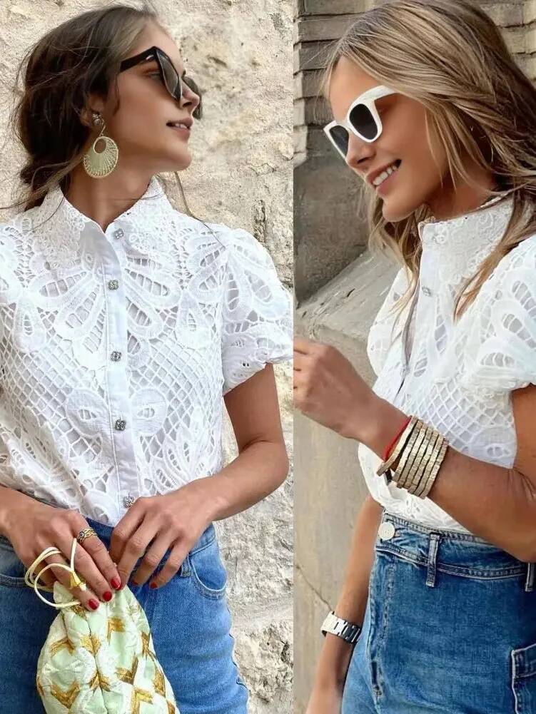 Chemise de créateur en dentelle pour femmes, chemisier élégant en dentelle au Crochet, chemise à revers Slim à manches courtes avec manches bouffantes, BQZ2