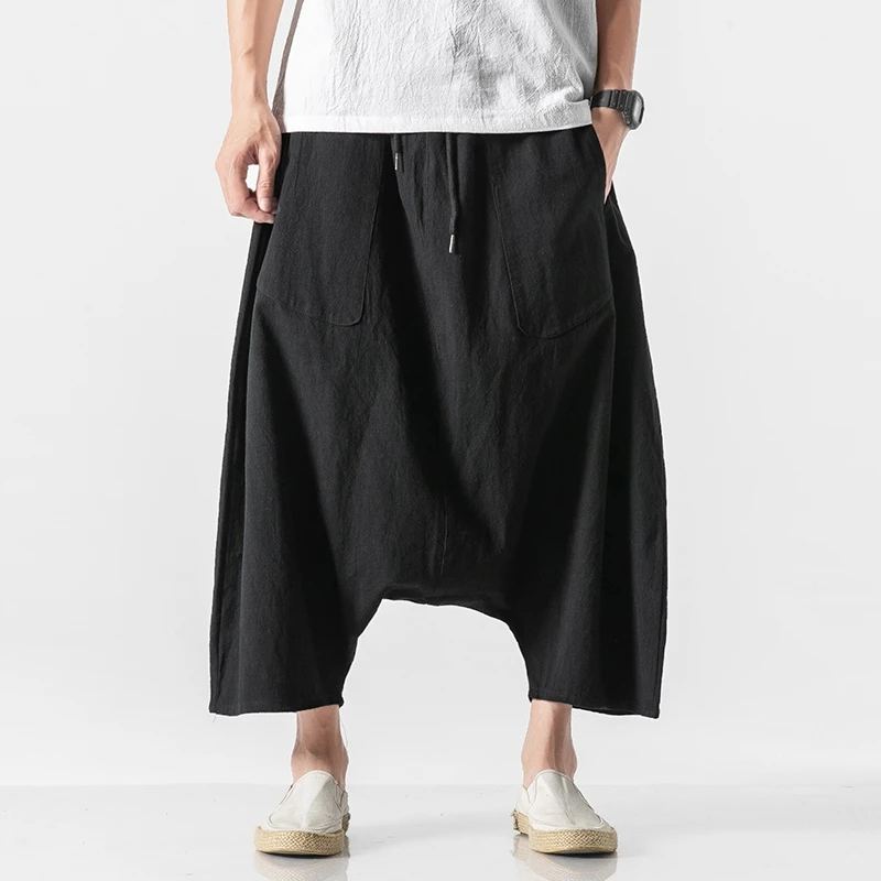 Pantalon d'été kimono vintage ample en coton et lin, nouveau pantalon décontracté pour homme, grande taille, pantalon à jambe décontractée pour homme, taille élastique, longueur mollet