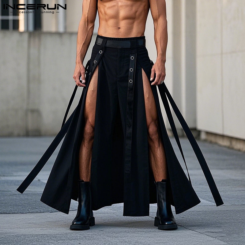Hommes jupes solide pantalon irrégulier taille élastique surdimensionné fendu pantalon hommes jupes Streetwear 2025 mode hommes bas INCERUN