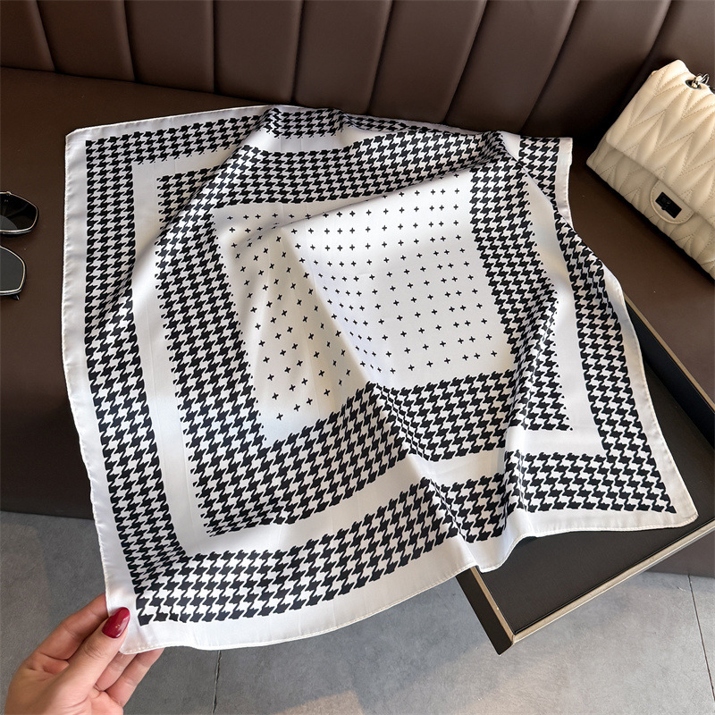 Écharpe carrée de luxe à motif pied-de-poule pour femme, élégante, imprimée, hijab, foulard, châle, couleur unie, en soie douce et résistante aux taches