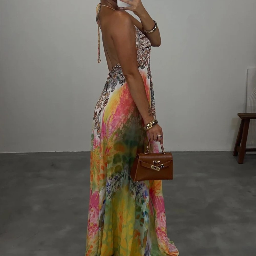 Robe longue décontractée et élégante, style bohème, imprimé, col halter, dos nu, col en V, sans manches, taille mi-haute