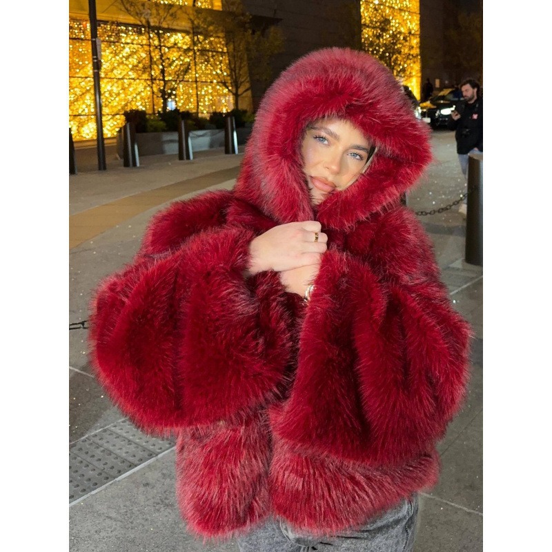 Manteau à capuche femmes veste d'hiver manteaux de fourrure rouge manches longues veste moelleuse mode vestes de fourrure artificielle vêtements de luxe chauds