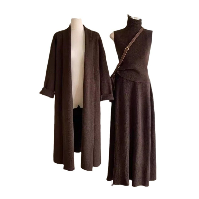 Ensemble pantalon femme trois pièces : Gilets en maille à col roulé, hauts, manteaux mi-longs à manches longues, jupes longues taille élastique, style streetwear Y2K