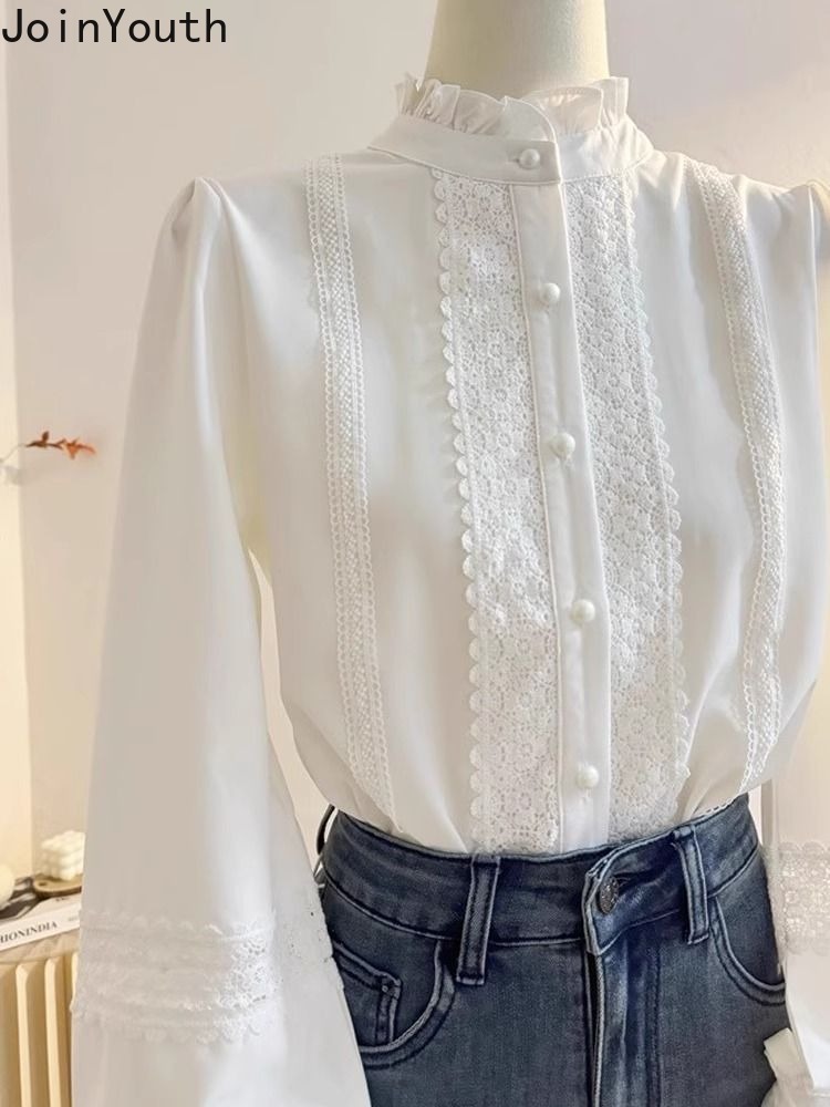 Chemisier à manches longues pour femmes, col montant, volants, blanc, mode Y, manches lanterne, chemises douces, vêtements pour femmes, 2025