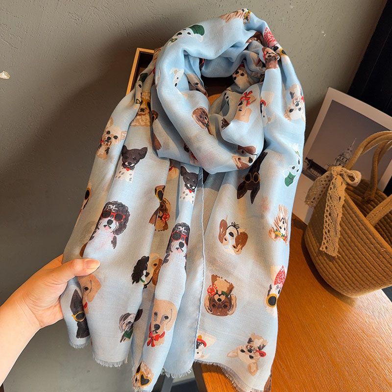 Écharpe élégante imprimée chien avec lunettes à la mode, en coton Viscose léger, respirante et coupe-vent pour les voyages printemps/automne