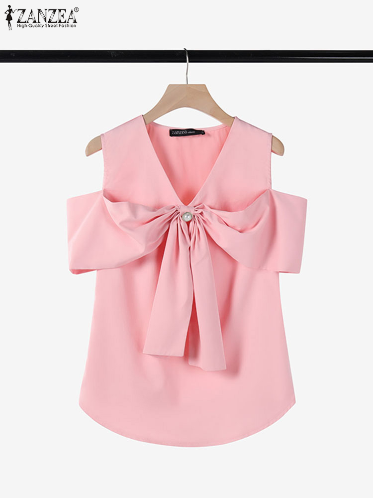 ZANZEA-Chemisier décontracté à col en V pour femme, chemise de travail élégante, solide, avocat, vacances en fibre, fête, été, 2025
