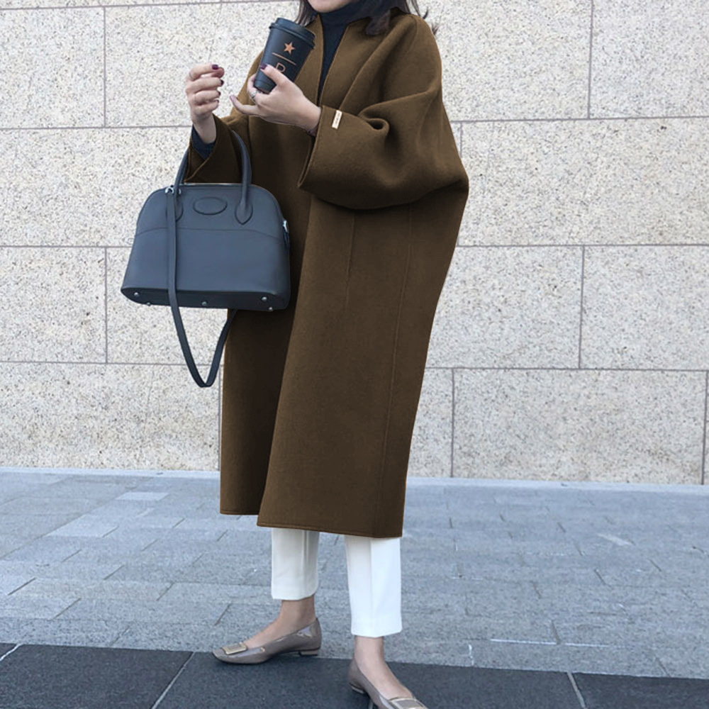Femmes Cardigan mélanges col rond longs manteaux décontracté droit laine manteau coupe ample manches longues solide épissure vêtements d'extérieur régulier 2025