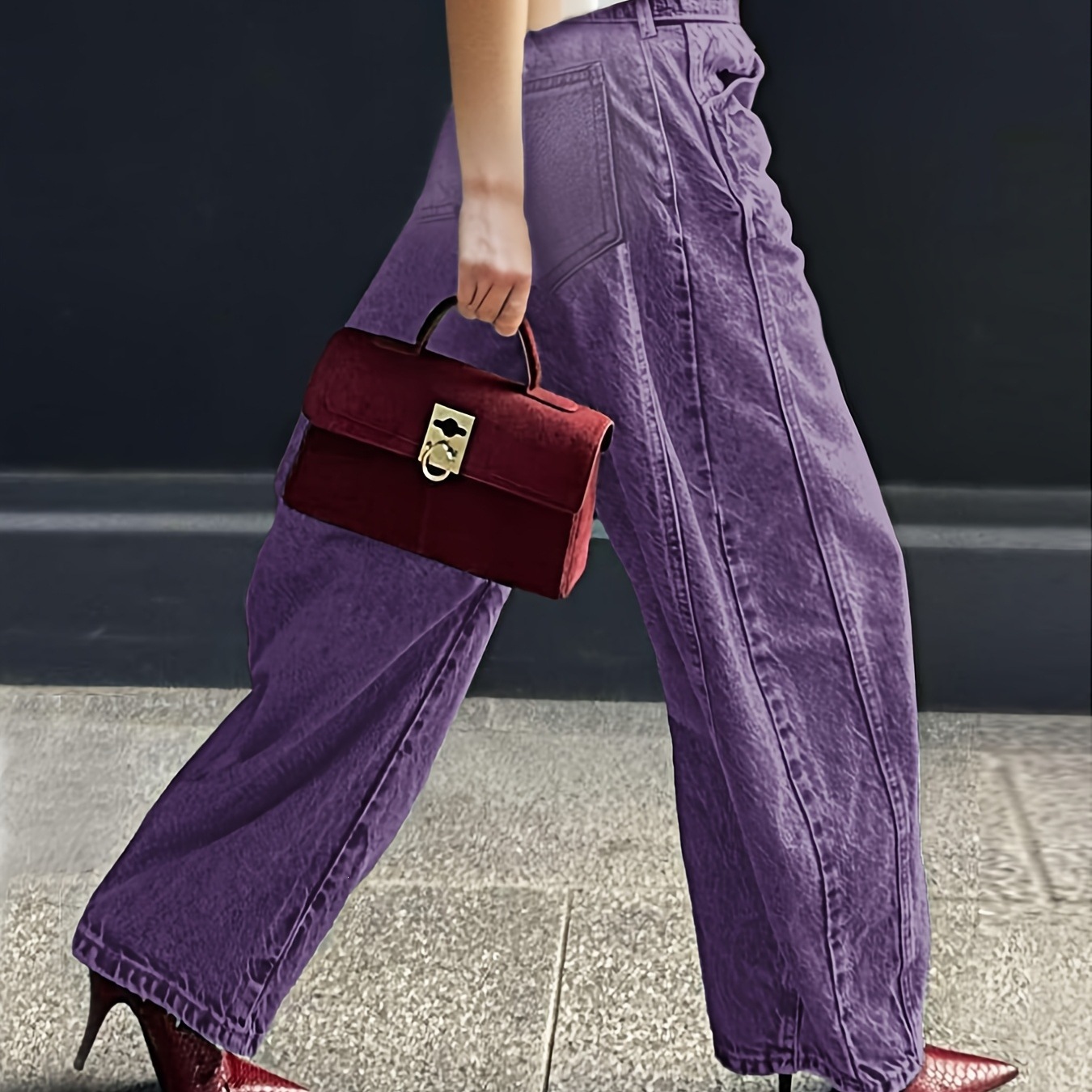 Jean en denim délavé coupe ample et large pour femme, taille simple et assortible, sans ceinture incluse, pantalon long