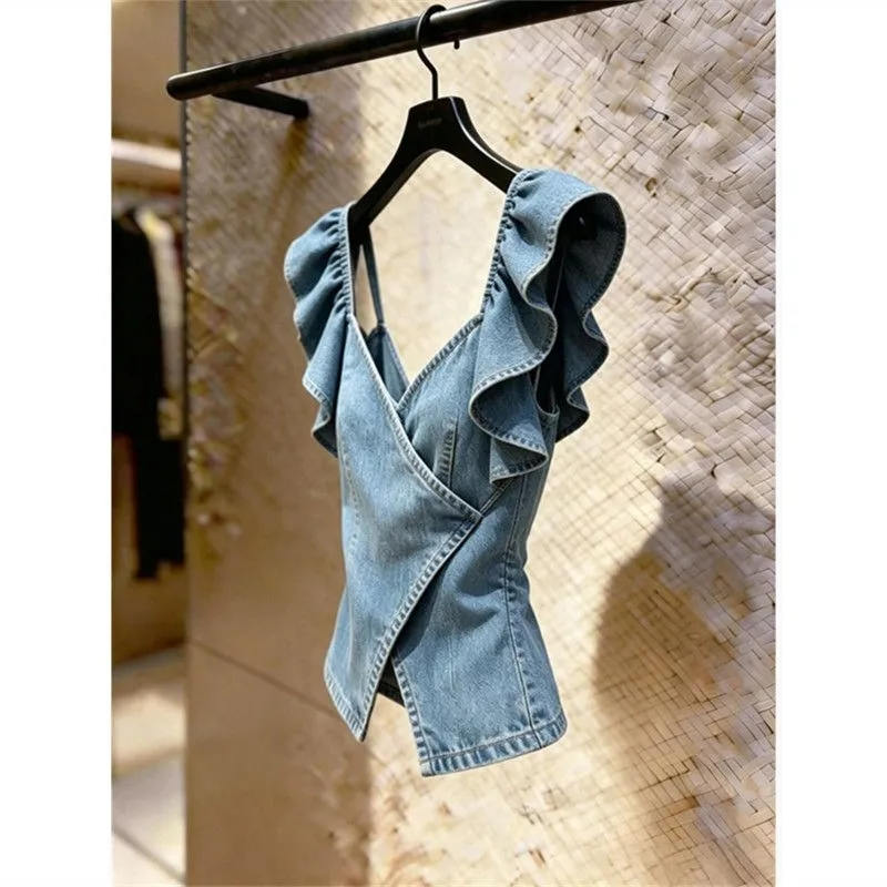 Nouvelle Collection Été-Automne 2026 : Gilet en Jean Style Coréen pour Femme – Veste sans Manches en Denim Tendance avec Volants