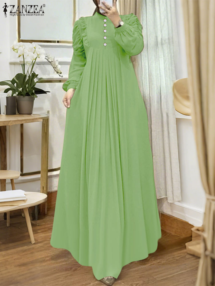 ZANZEA musulman modeste Maxi Robes femmes élégant volants garniture à manches longues plissé Abaya Robes islamique Hijabis Eid Robes 2025