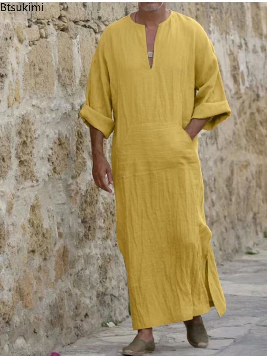 Nouveaux T-shirts longs en coton et lin pour hommes 2026, Abayas décontractées unies, Jubba Thobe Kaftan, Robes arabes islamiques à col en V et manches longues