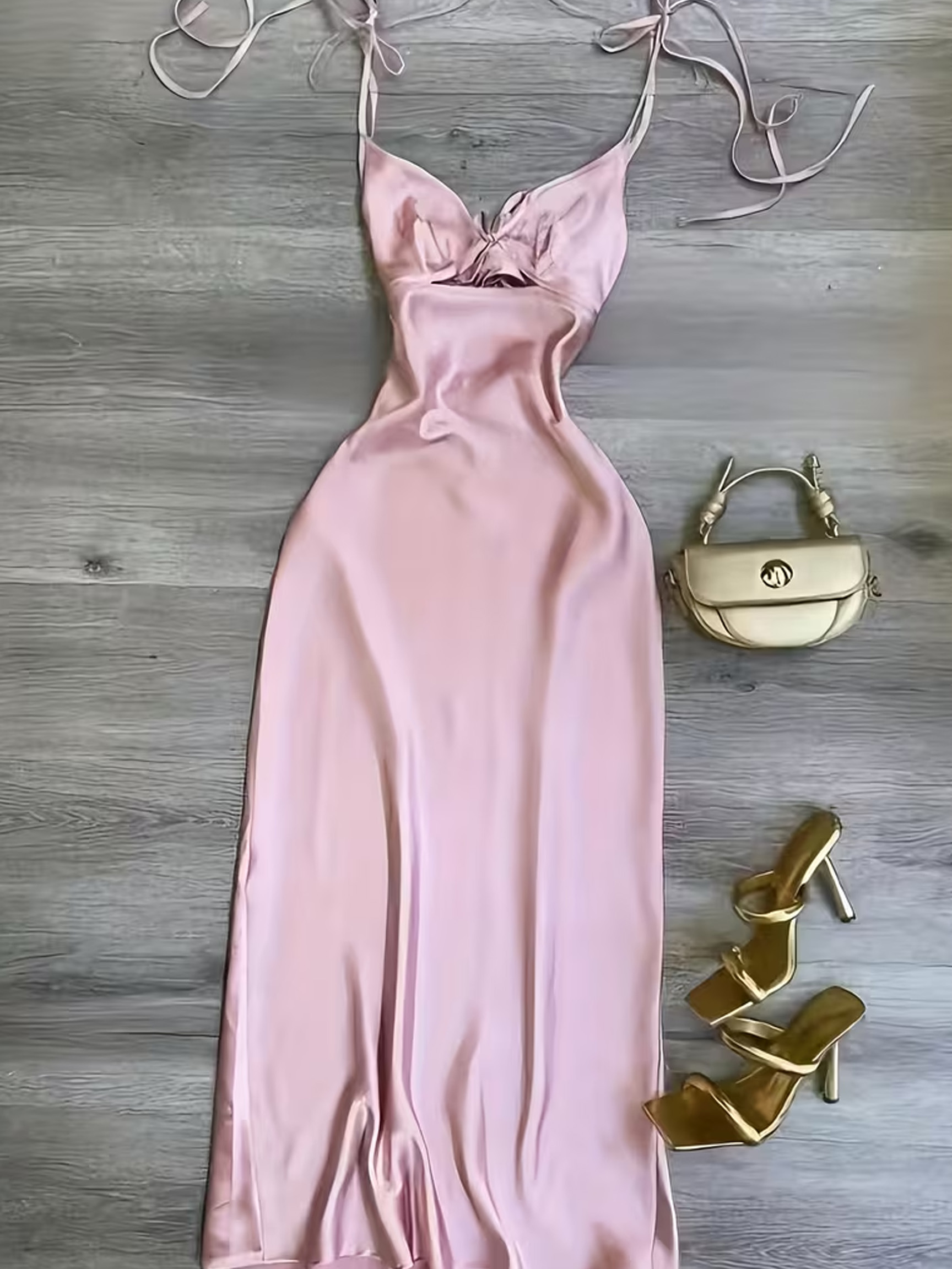 Robe midi décontractée pour femme en satin uni à fines bretelles, avec design à nouer super élégant et accrocheur, sexy et tendance
