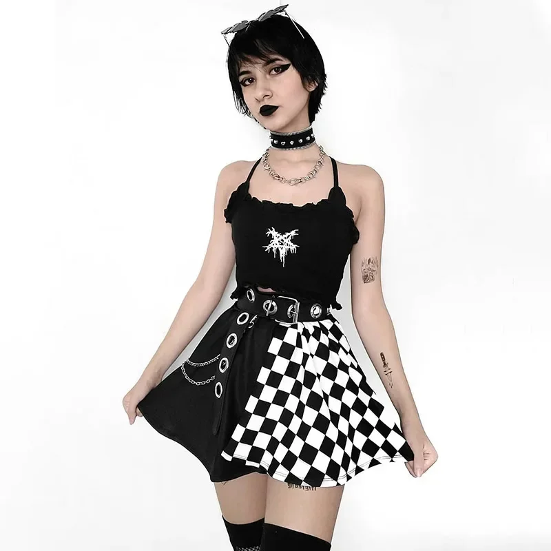 Mini Jupe Plissée à Carreaux pour Femme, Patchwork, Gothique, Sexy, Harajuku, Mode Punk, Esthétique, Été, Taille Haute, 2021
