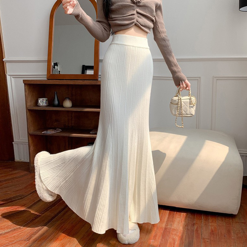 Jupe longue en tricot enveloppé de hanches pour femmes, Sexy, élégante, élastique, taille haute, style sirène, plissée, ligne A, jupe mi-longue pour dames
