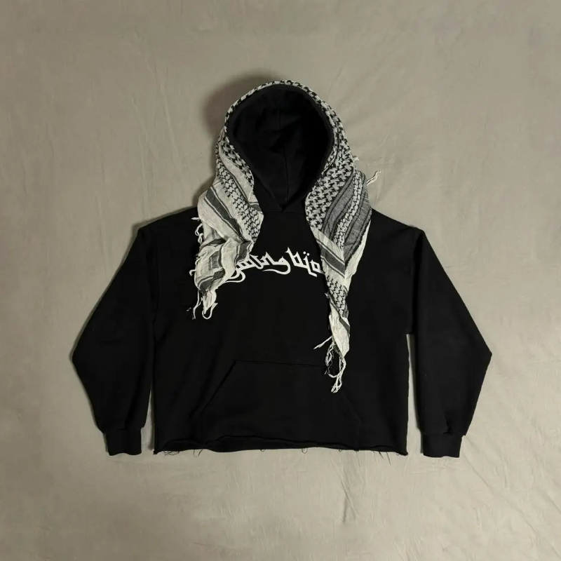 Style arabe esthétique Plaid contraste écharpe sweat à capuche décoratif automne hiver à manches longues lettre impression lâche rue mode manteau