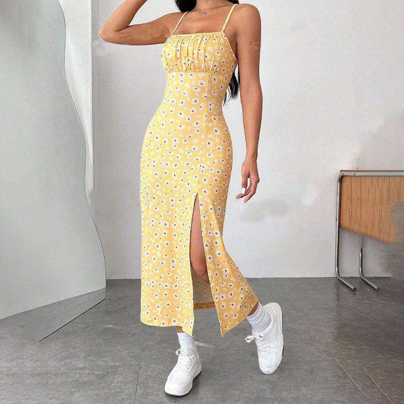 Robe décontractée pour femme, imprimé floral marguerite, bretelles spaghetti, robe midi moulante à col carré, fendue, robe d'été pour plage et soirée