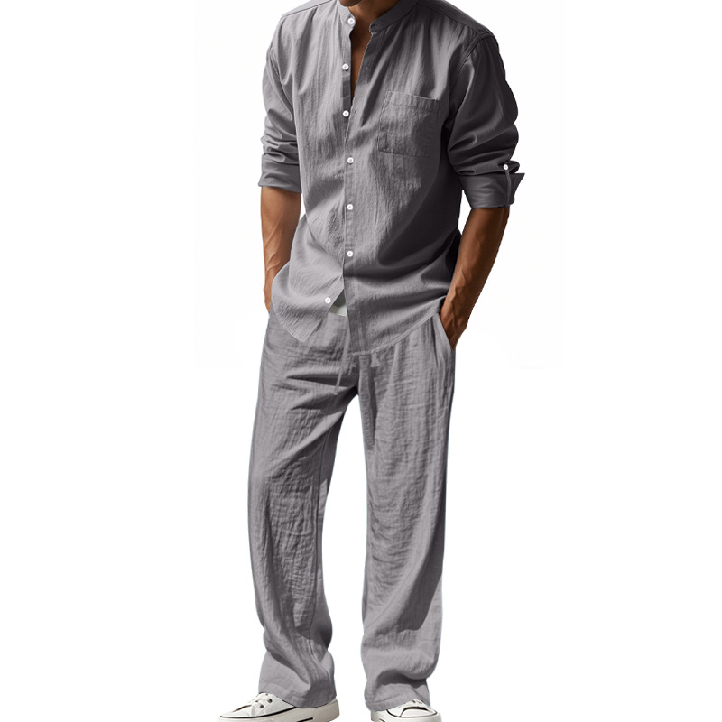 Survêtement 2025 saisons lin hommes décontracté ample respirant à manches longues pantalon chemise plage ensemble en Stock vêtements masculins grande taille