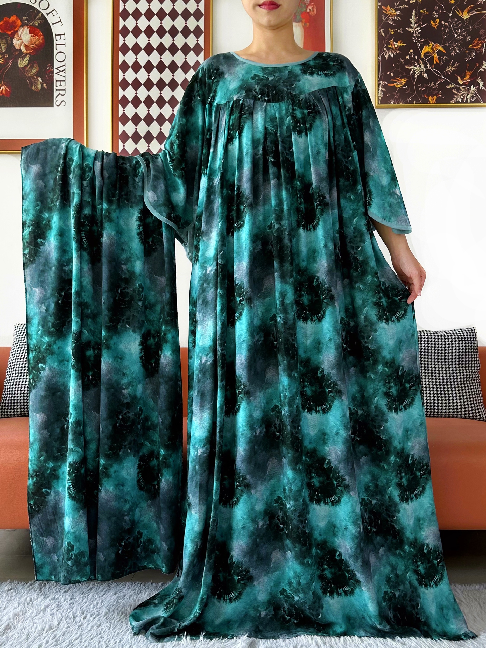 Robe Abaya pour femmes au design exclusif, ample, style africain, musulmane, avec grand foulard, imprimé tie-dye, robe maxi pour le Ramadan