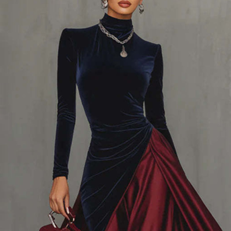 Robe de Banquet à col roulé pour femme, élégante, en velours, Patchwork, Satin plissé, manches longues, style Boho, Maxi, printemps, 2026