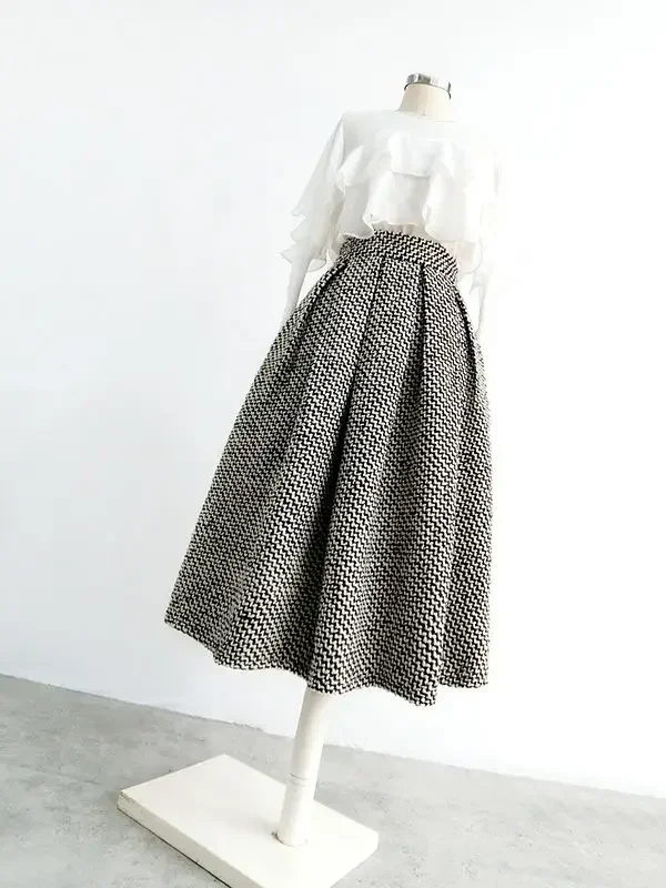 2025 nouvelle mode Tweed avec poche genou longueur jupe hiver femmes Vintage épaissi taille haute plissée a-ligne jupes Faldas
