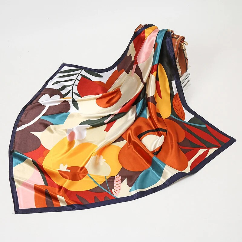 Fleur imprimé Bandana carré foulard soie comme Floral foulards carré Satin cheveux écharpe Bandanas pour les femmes 90*90CM