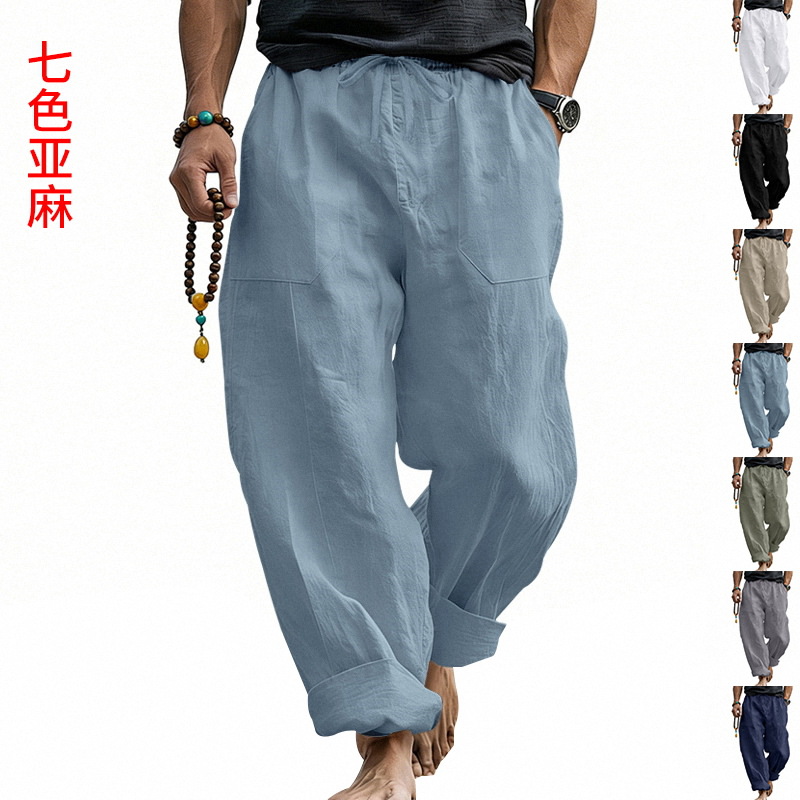 Pantalon homme 2026 décontracté, nouveau style plage, ample, en lin, avec poches, pour le printemps et l'automne, style vacances, pantalon fin, vêtements pour hommes