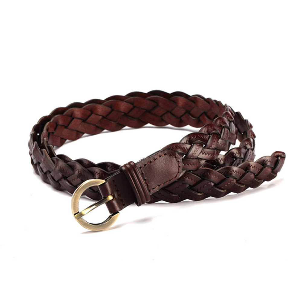 Ceinture en cuir pour femmes, avec boucle ronde dorée tressée, ceinture fine décontractée pour étudiantes, accessoires de vêtements pour dames