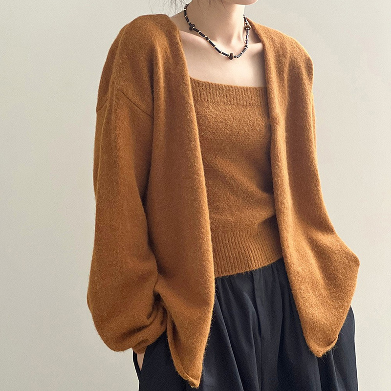 Ensemble cardigan et débardeur en tricot uni style coréen pour femme – Pull décontracté à épaules tombantes, vêtement d'extérieur doux et ample pour l'automne et l'hiver