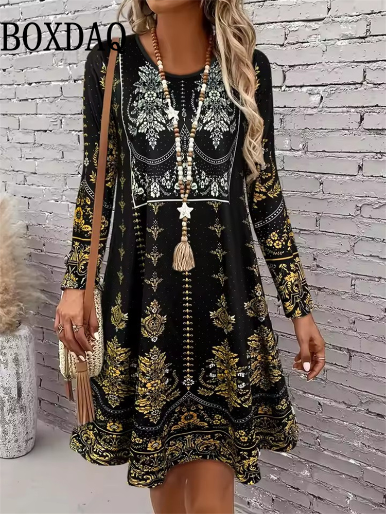 Robe d'automne pour femmes, style Boho Vintage ethnique, motif imprimé Floral, vêtements féminins élégants, manches longues, robes de soirée, nouvelle collection 2025
