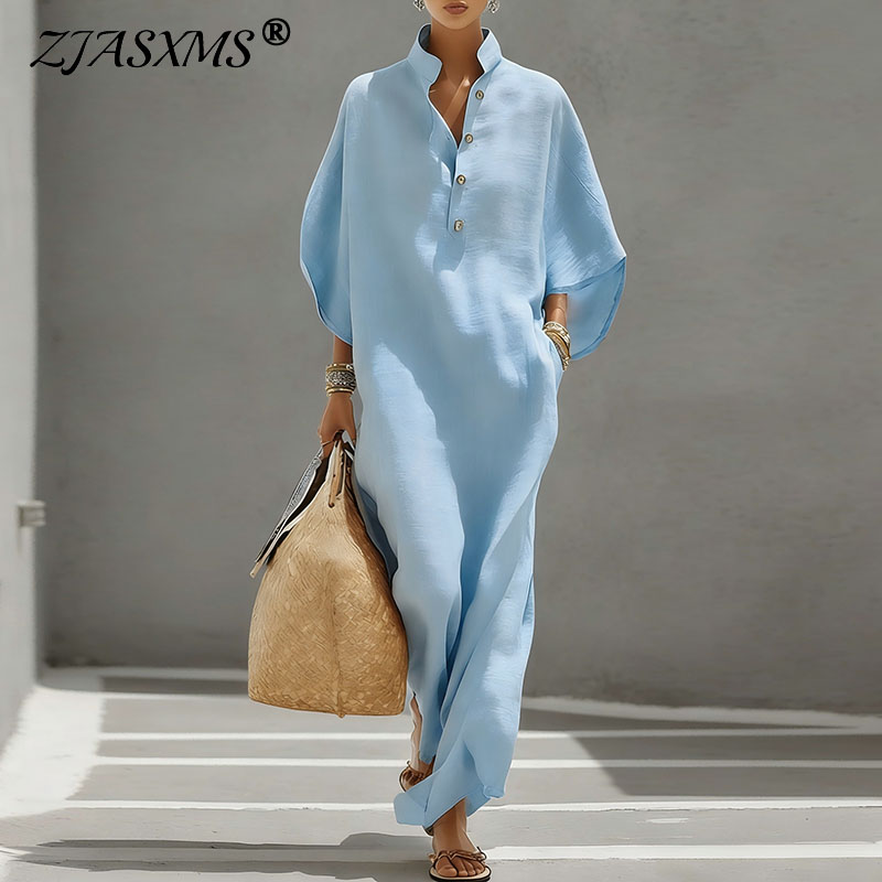 Robe longue bohème pour les vacances d'été, robe de soirée élégante à col montant et boutons pour femme, robe maxi ample à manches chauve-souris pour le printemps
