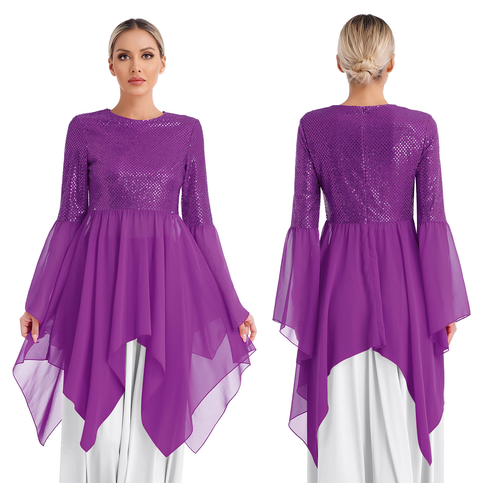 Robe de culte liturgique en mousseline de soie pour femmes, tunique de danse de louange, superpositions à ourlet irrégulier, Costume de danse moderne, Costume de Festival d'halloween