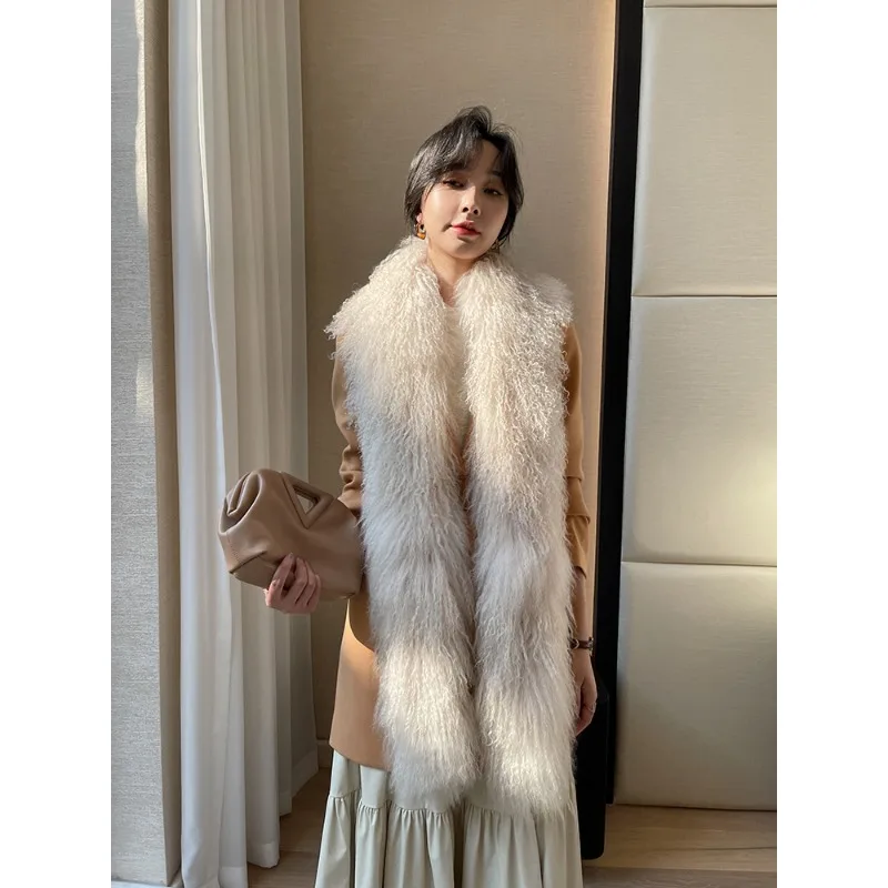 Écharpe en vraie fourrure de mongolie pour femme, épaisse, longue et chaude, en fourrure du Tibet, moelleuse, de luxe, à la mode, hiver 2023