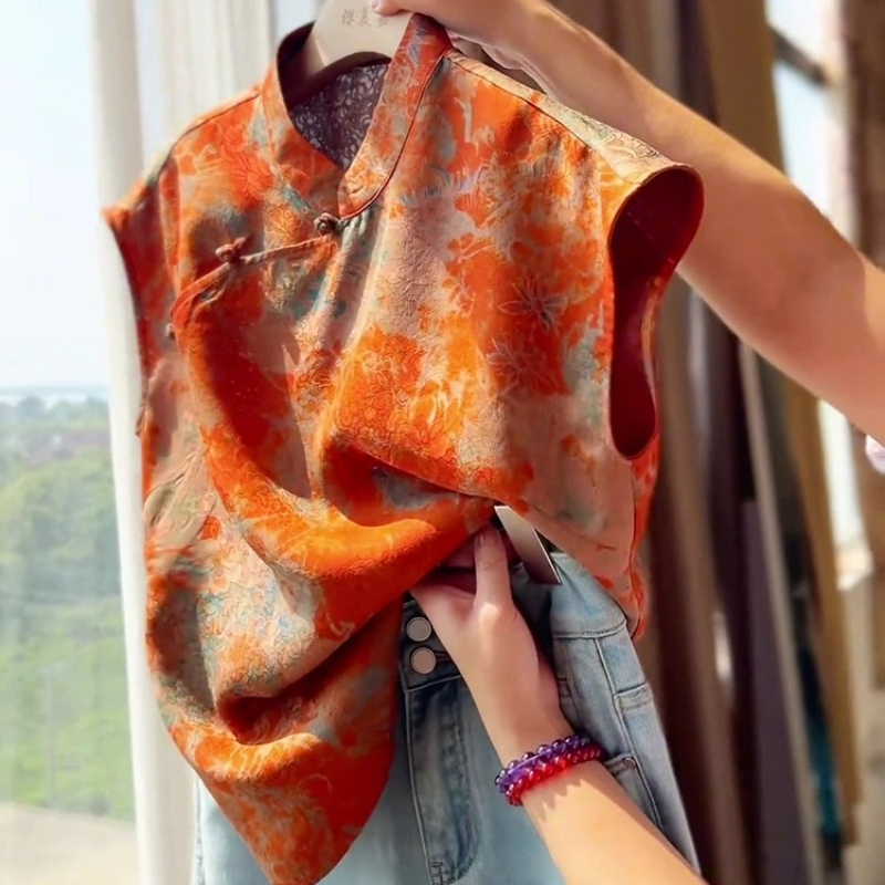 Chemisiers de Style chinois pour femmes, chemises coréennes, mode ample, vêtements Vintage imprimés, hauts sans manches pour femmes, printemps/été