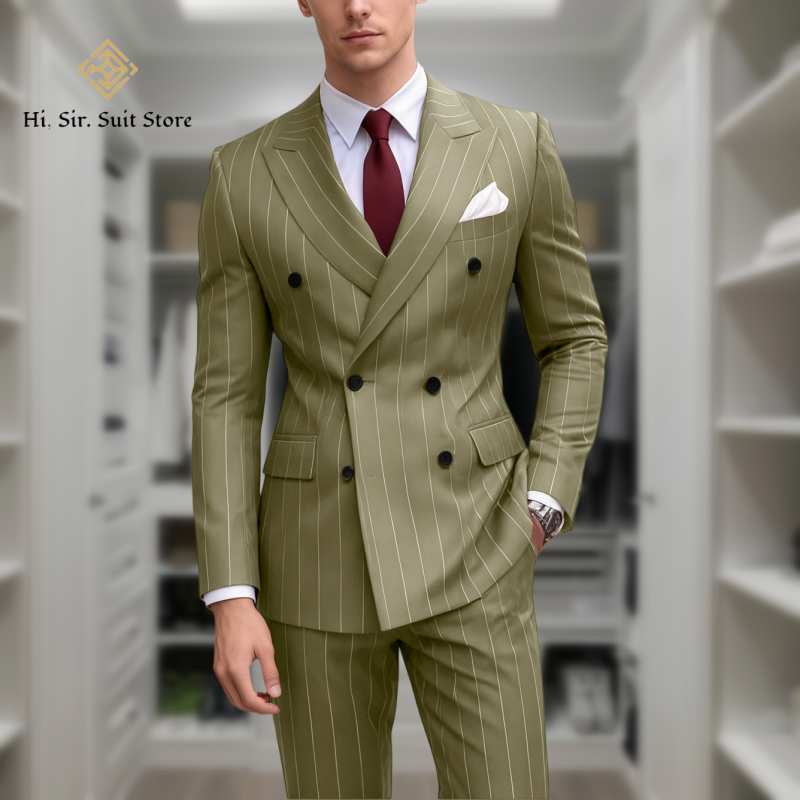 Costume 2 pièces pour hommes, Blazer grande taille, mode européenne et américaine, costume rayé à Double boutonnage, sur mesure, petit lot, veste bleue