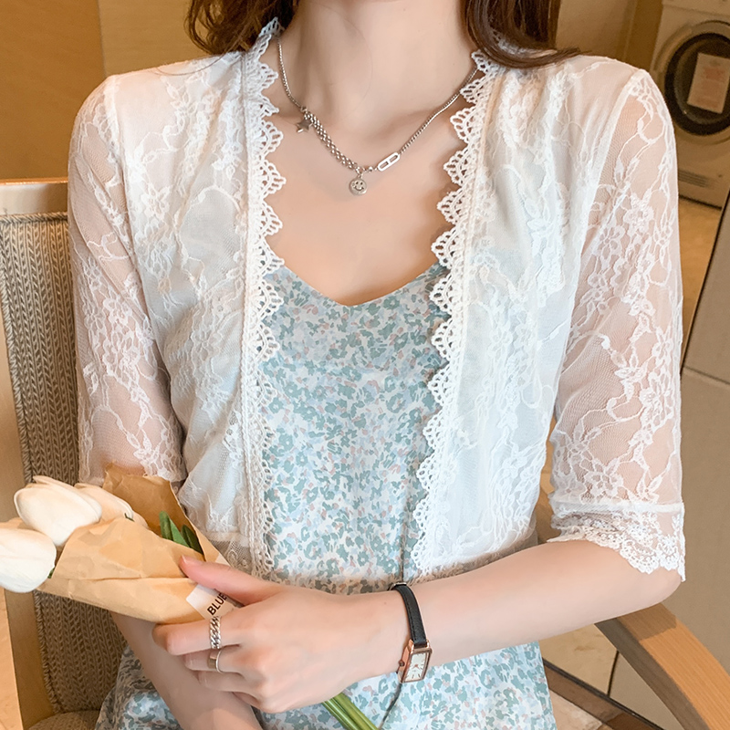 Châle en mousseline de soie pour femme, manches mi-longues, dentelle ajourée, broderie florale, vêtements de bain empêchés, capes ultra-fines, été 2025