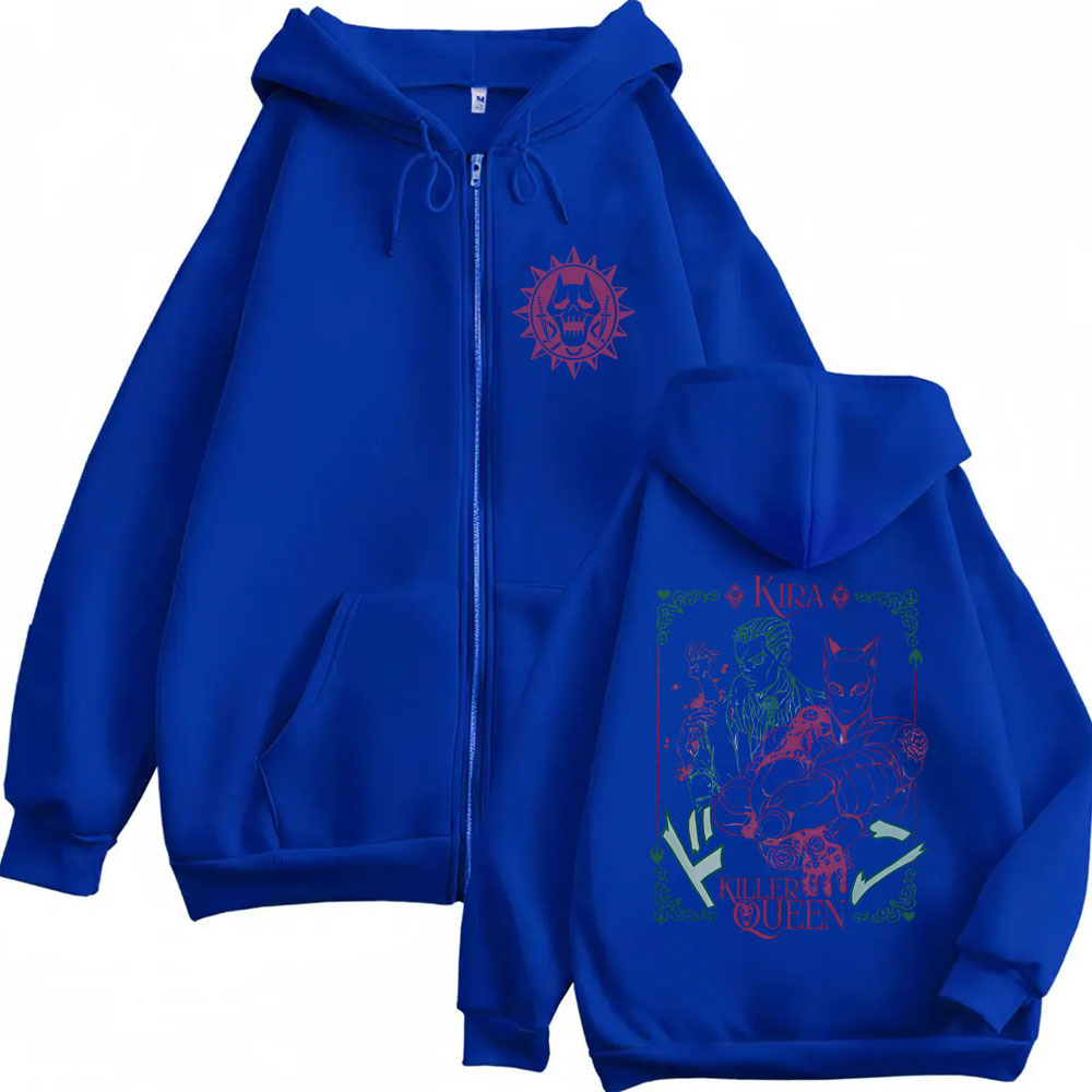Anime Jojo's Bizarre Adventure Kira Killer Queen sweat à capuche avec fermeture éclair hommes femmes Manga décontracté Vintage veste zippée mâle manteau surdimensionné