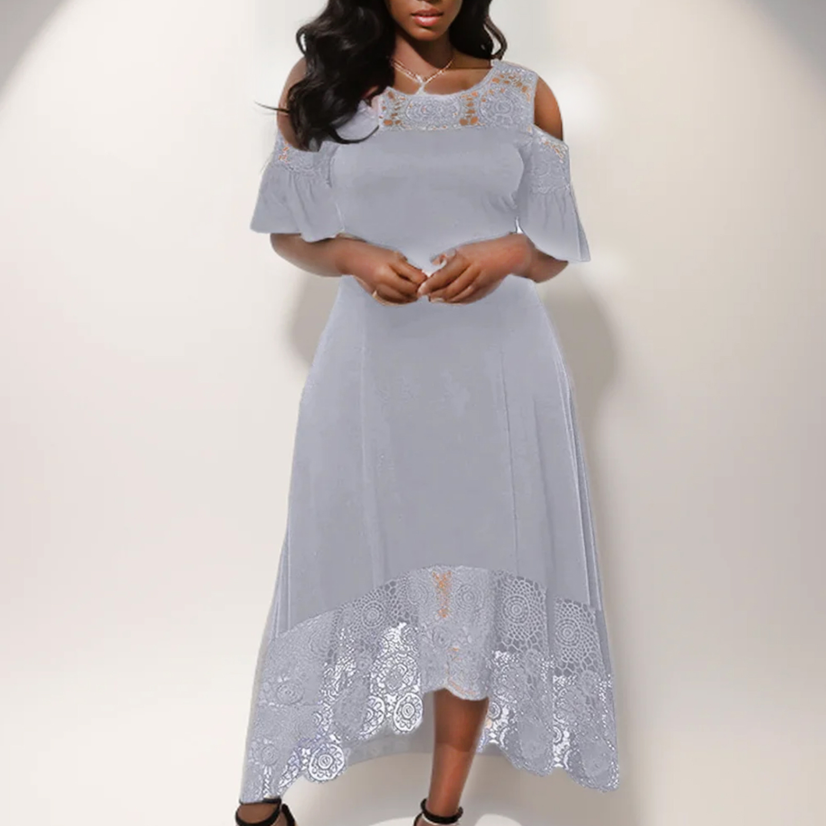 Robe de Soirée en Dentelle à Manches Courtes et Col Rond pour Femme, Tenue Élégante d'Invités de Mariage, Grande Taille, Été