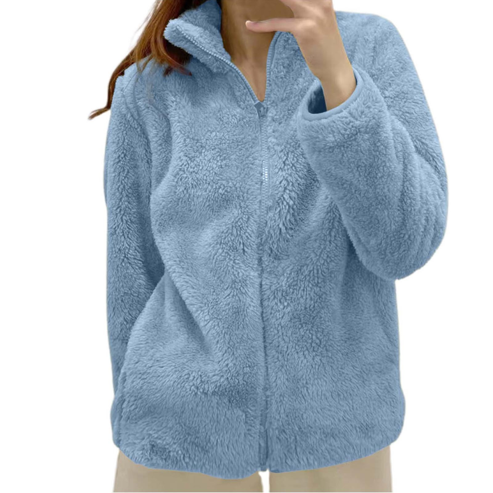 Veste en laine d'agneau avec poches pour femme, veste longue en peluche, fermeture éclair polaire, fermeture éclair chaude, vêtements d'extérieur féminins, cardigan décontracté, sourire, document solide
