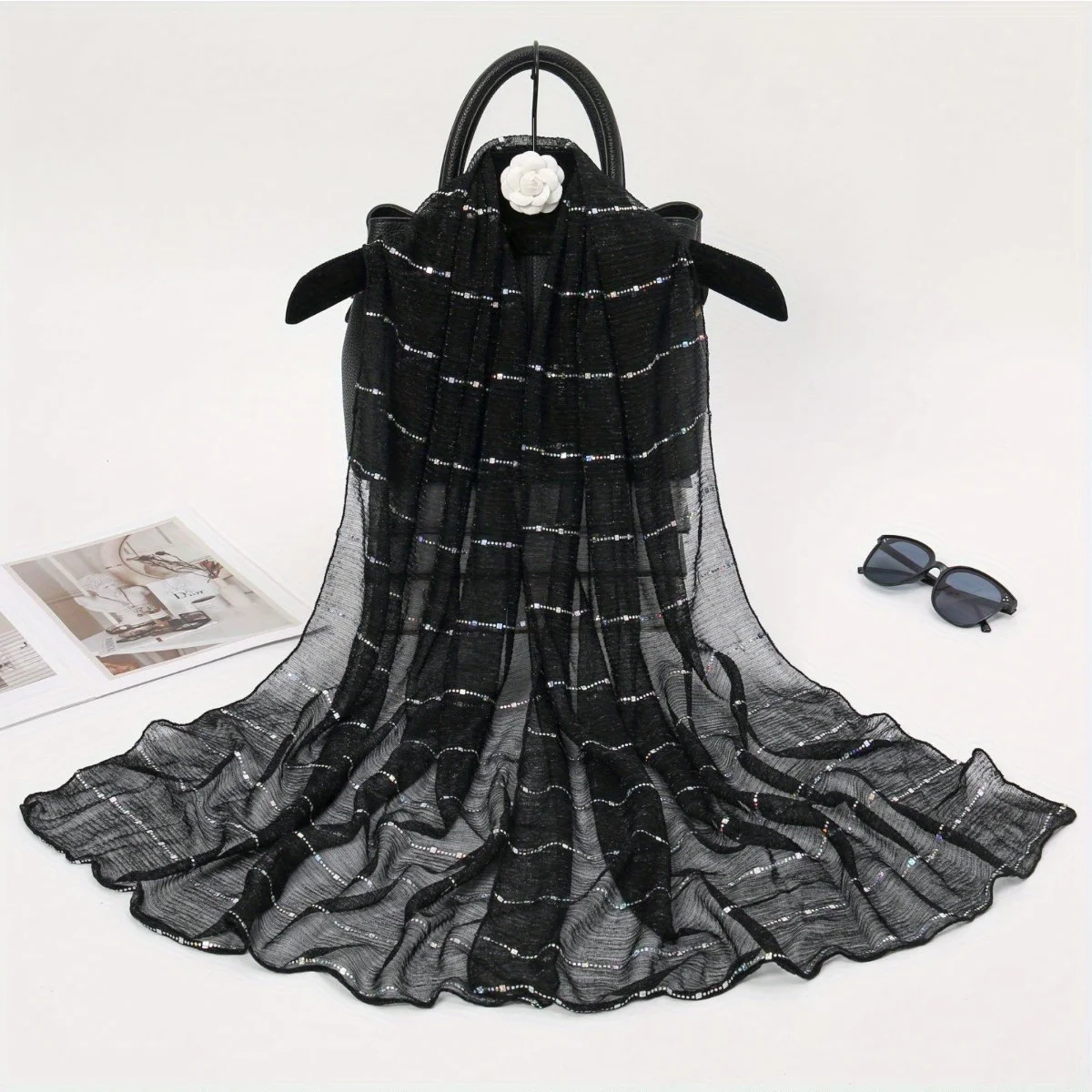 1 pièces printemps et automne femmes haute élasticité sequin chaîne écharpe, mèche soie longue écharpe, écharpe indienne, écharpe en soie coulissante